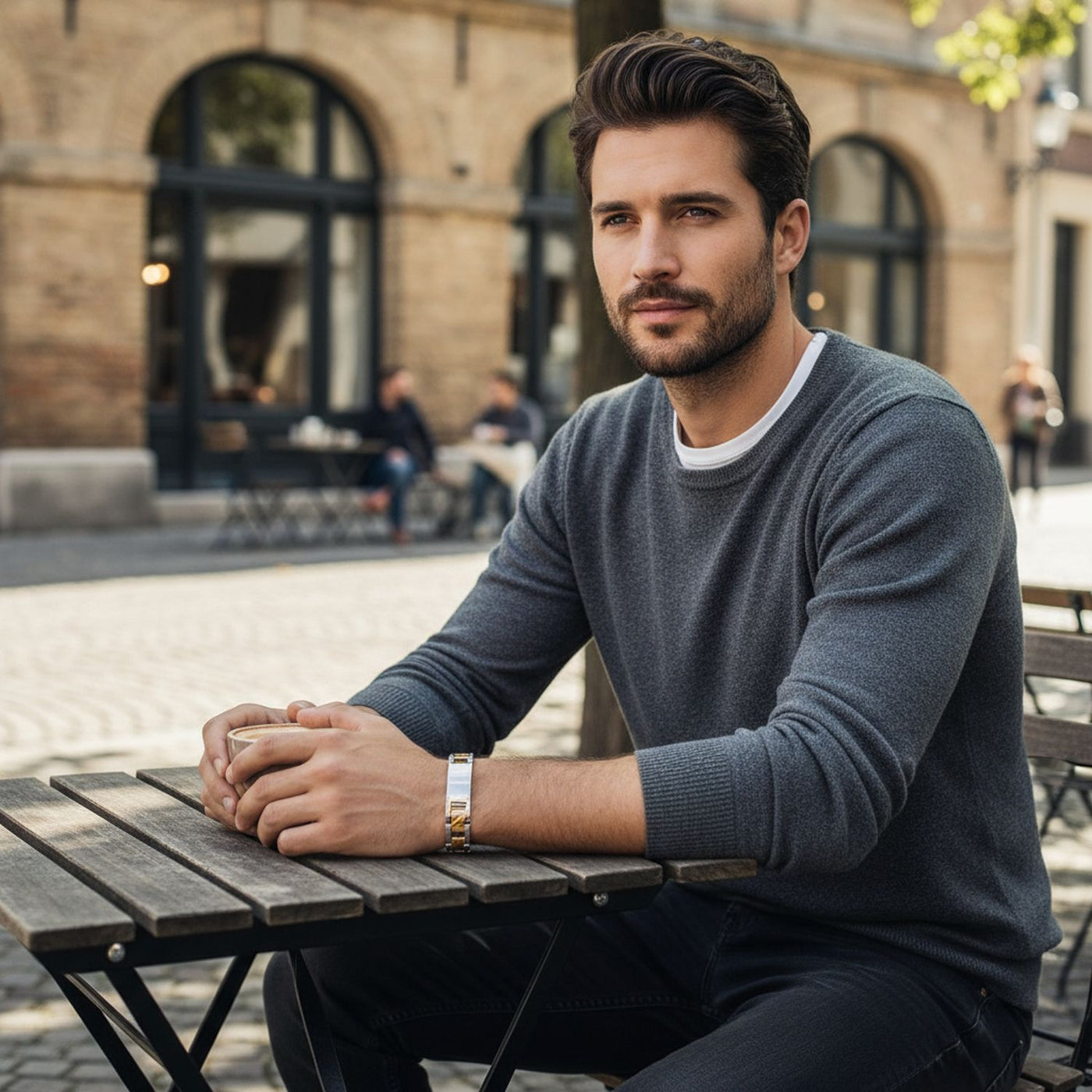 Set of 2 Two-Tone ID Bracelet Cross X Link 8 Inch Stainless Steel Band