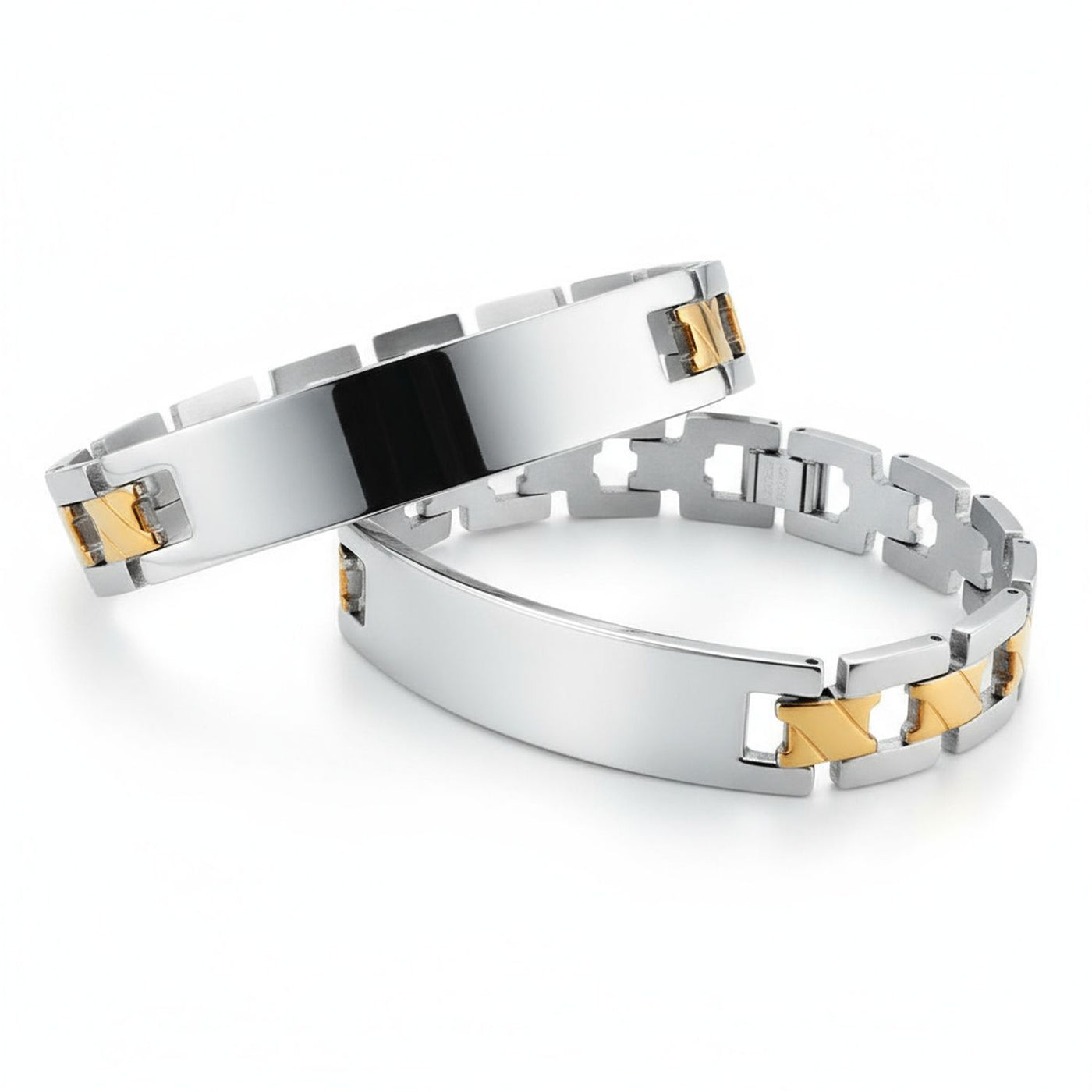 Set of 2 Two-Tone ID Bracelet Cross X Link 8 Inch Stainless Steel Band