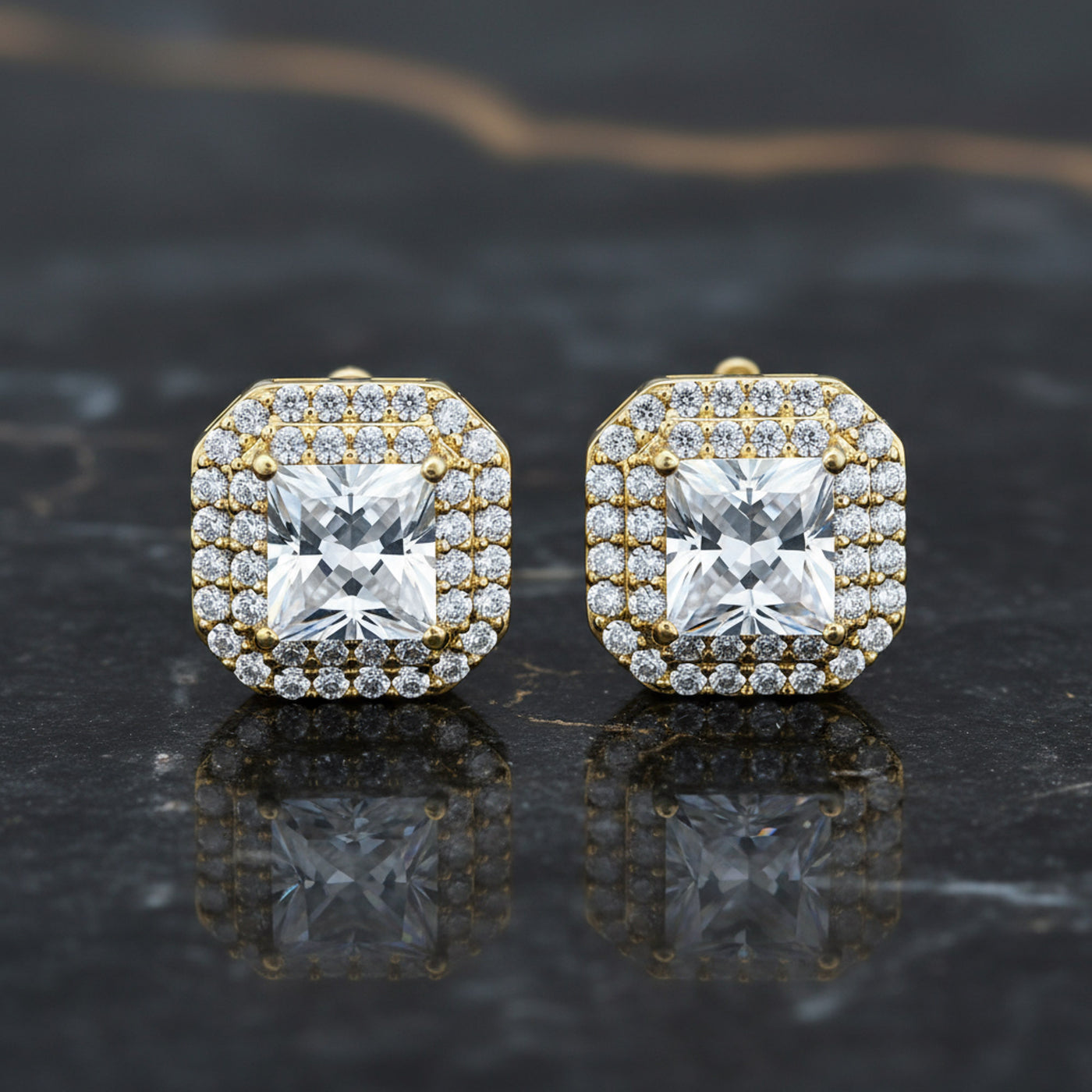 Square Princess Cut CZ Stud Clip-On Earrings 14K Gold Plated