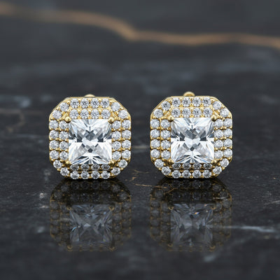 Square Princess Cut CZ Stud Clip-On Earrings 14K Gold Plated