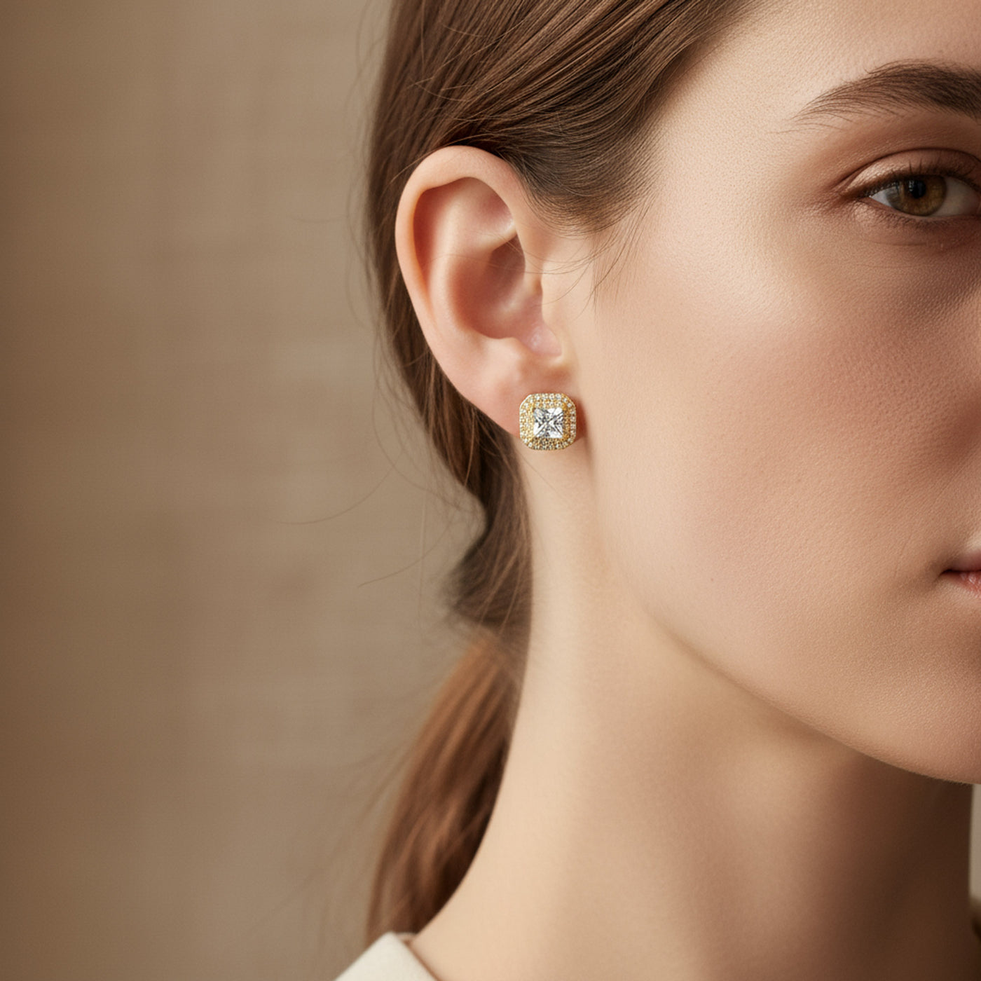 Square Princess Cut CZ Stud Clip-On Earrings 14K Gold Plated