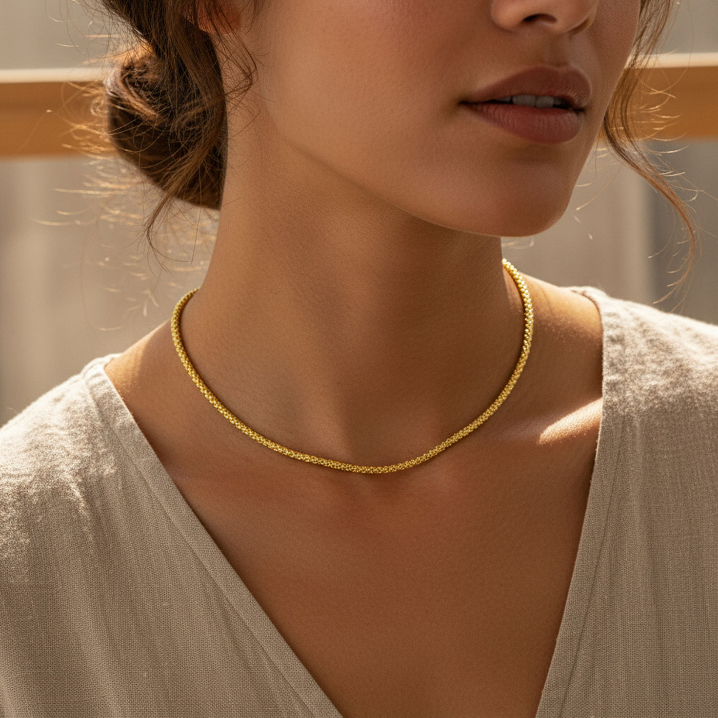 Slender 3MM Caviar Coreana Popcorn Chain Necklace Gold Plated Sterling Silver