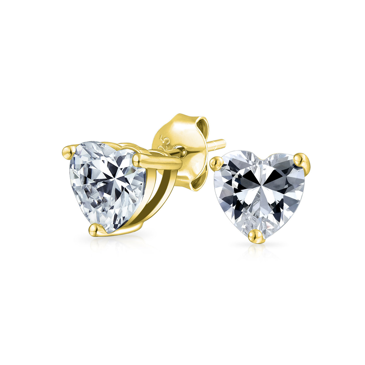 Set of 2 Heart CZ Solitaire Stud Earrings 1CT Sterling & 2CT Gold Plated Silver