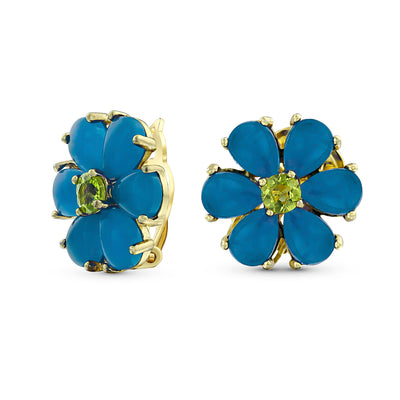 Set of 2 Flower Jade Yellow Stud & Aqua Clip-On Earrings CZ Gold Plated Silver