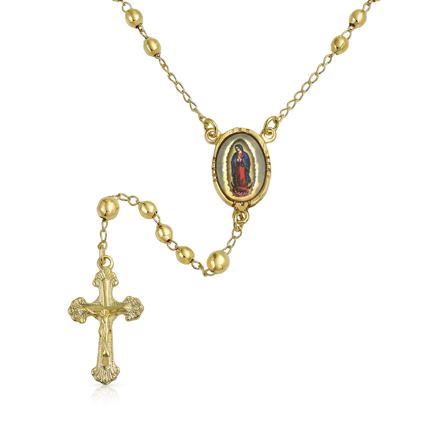 Crucifix Virgin Mother Mary Rosary Ball Beads Gold Plated Y Necklace
