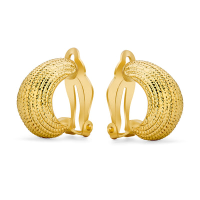 Ribbed Cable Rope Wide Dome Half Hoop Clip on Earring Gold Plated