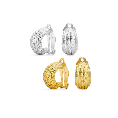 Set of 2 Ribbed Stripe Half Hoop Clip-On Earrings for Non-Pierced Gold Tone - Bling Jewelry