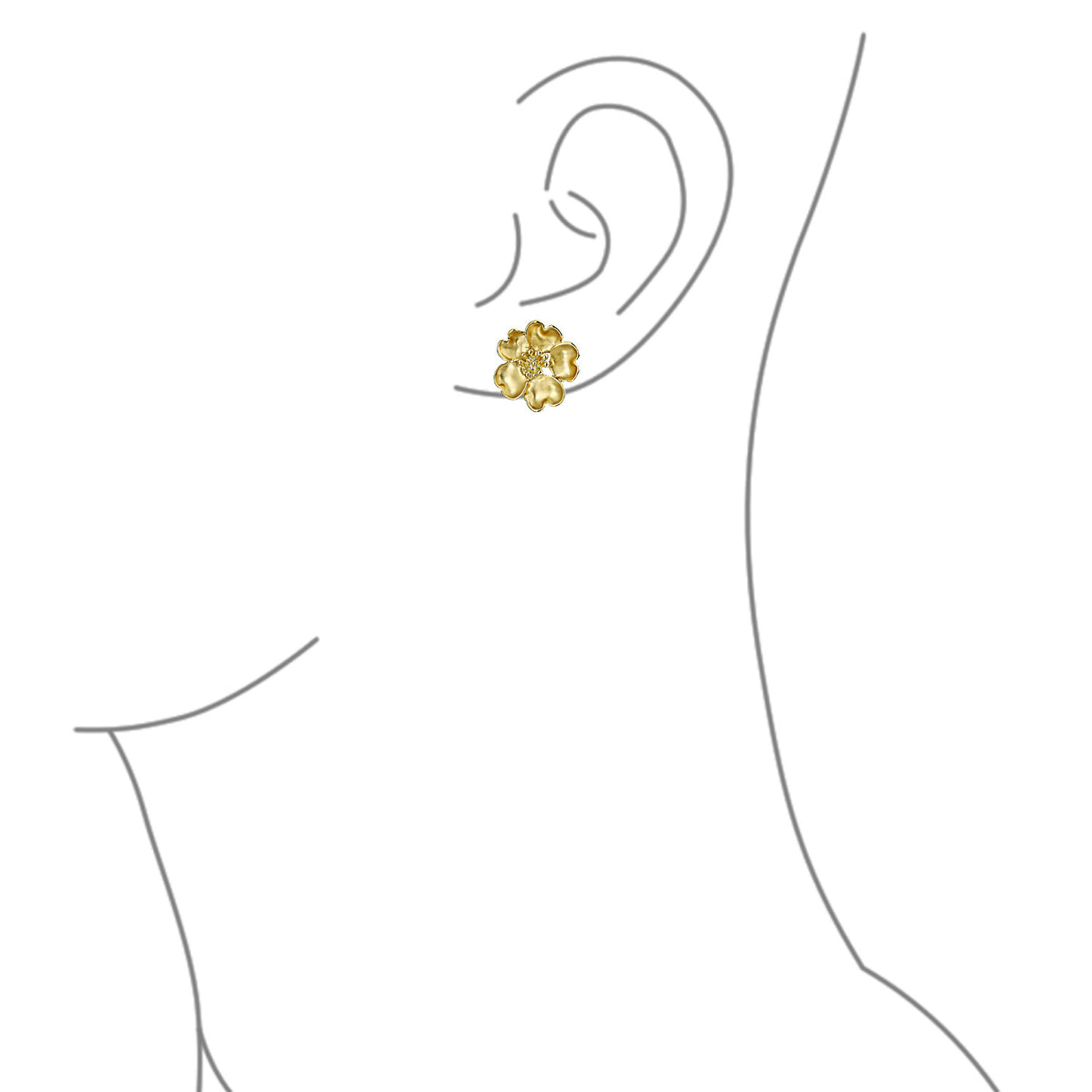 Heart Petals Flower CZ Clip On Earring Ears Matte Gold Plated Brass