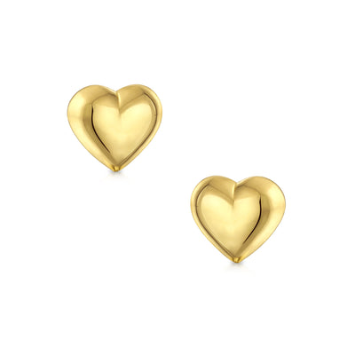 Minimalist Real 14K Yellow Gold Puff Heart Stud Earrings For Women 5MM