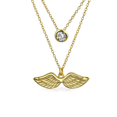 Solitaire Angel Wing Pendant Necklace Gold Plated Sterling Silver