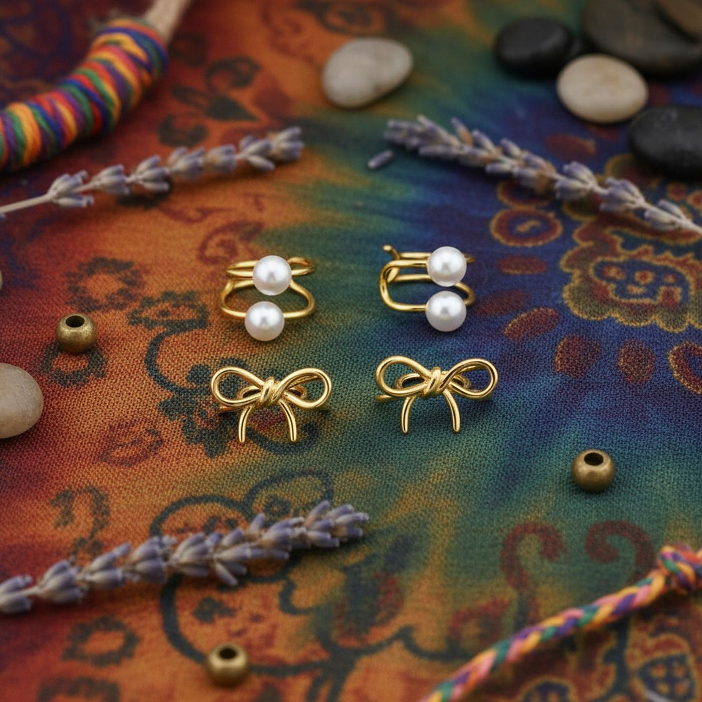 Set of 2 Dainty Bow & Spiral Pearl Cartilage Ear Cuff Helix Earrings Gold Plated