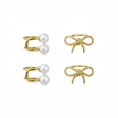 Set of 2 Dainty Bow & Spiral Pearl Cartilage Ear Cuff Helix Earrings Gold Plated