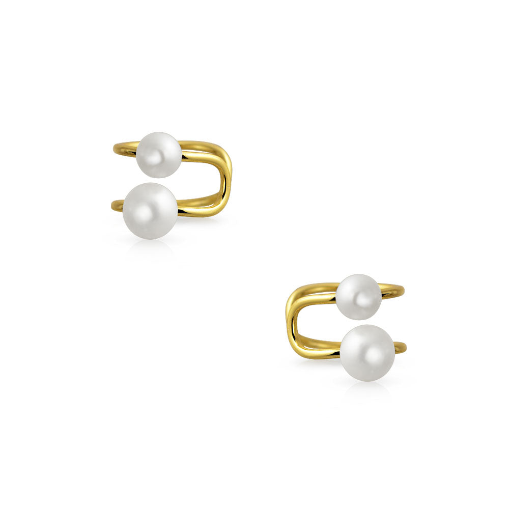Set of 2 Dainty Bow & Spiral Pearl Cartilage Ear Cuff Helix Earrings Gold Plated