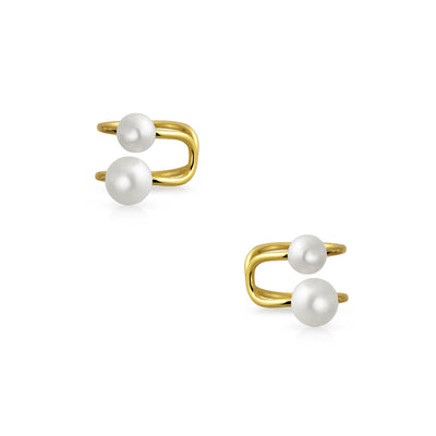 Set of 2 Dainty Bow & Spiral Pearl Cartilage Ear Cuff Helix Earrings Gold Plated