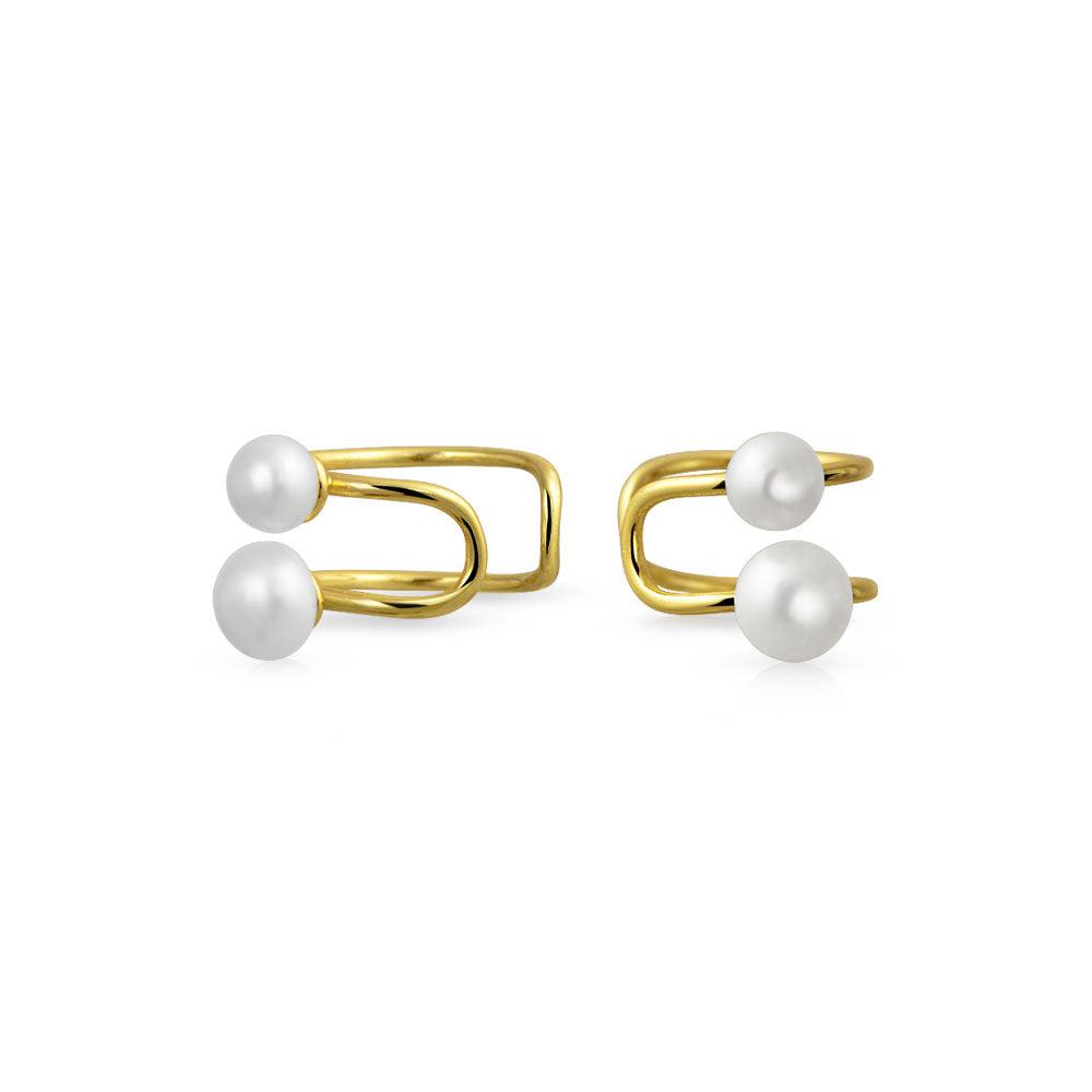 Set of 2 Dainty Bow & Spiral Pearl Cartilage Ear Cuff Helix Earrings Gold Plated