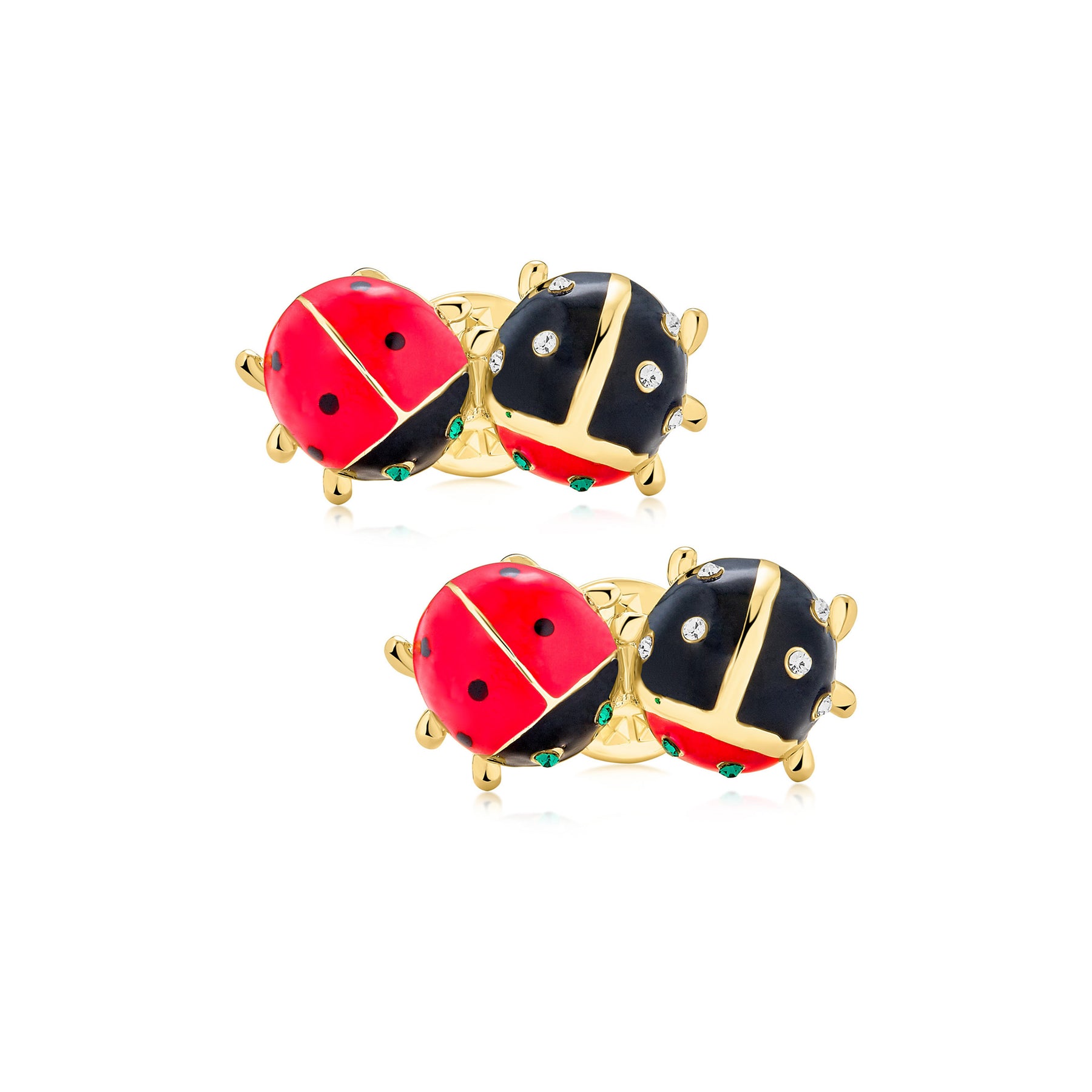 Set of 2 Lucky 2 Ladybug Red Black Gold Enamel Green Eye Crystal Lapel ...