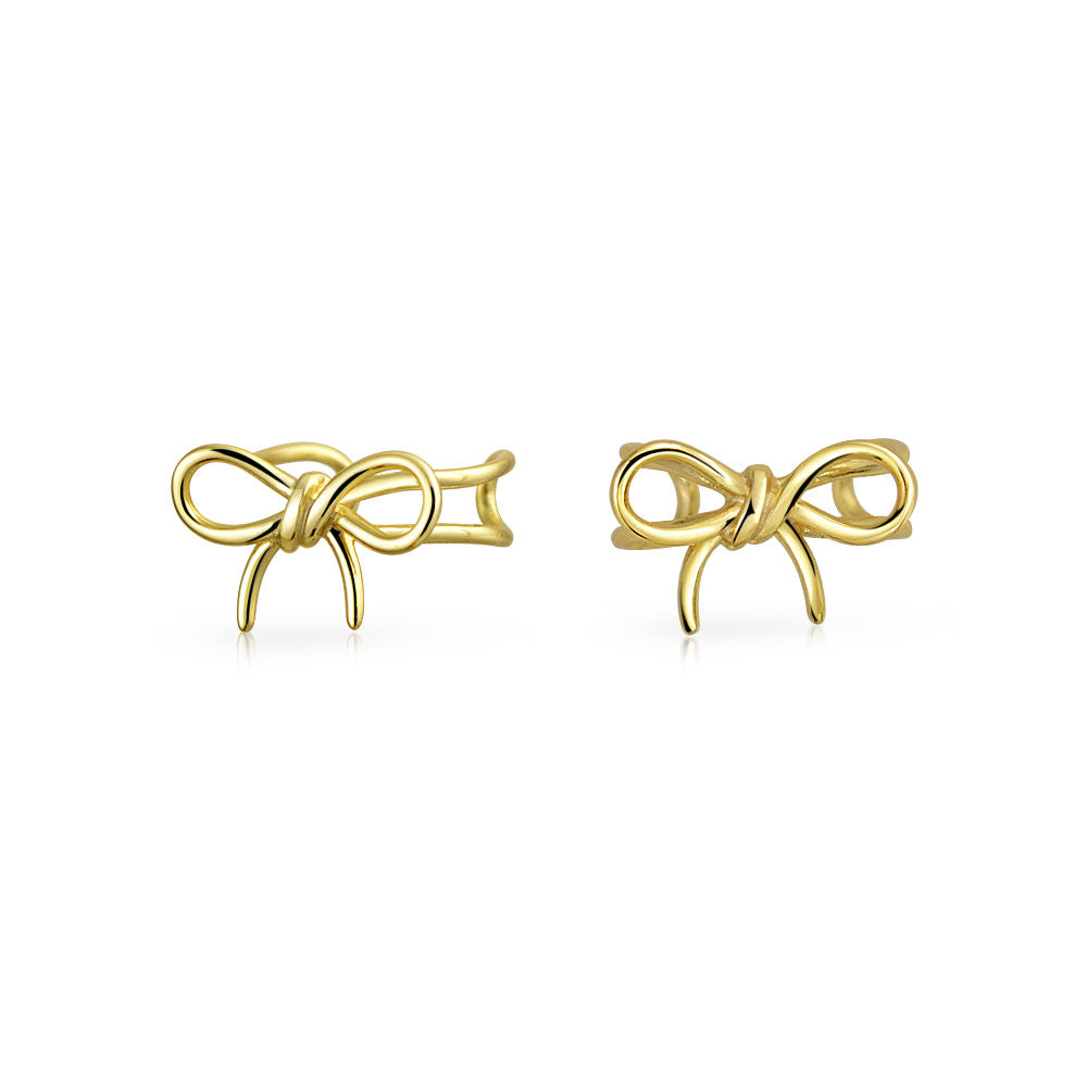 Set of 2 Dainty Bow & Spiral Pearl Cartilage Ear Cuff Helix Earrings Gold Plated
