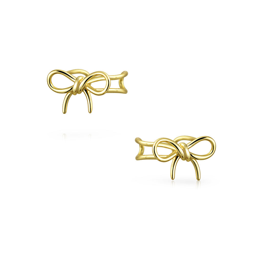 Set of 2 Dainty Bow & Spiral Pearl Cartilage Ear Cuff Helix Earrings Gold Plated