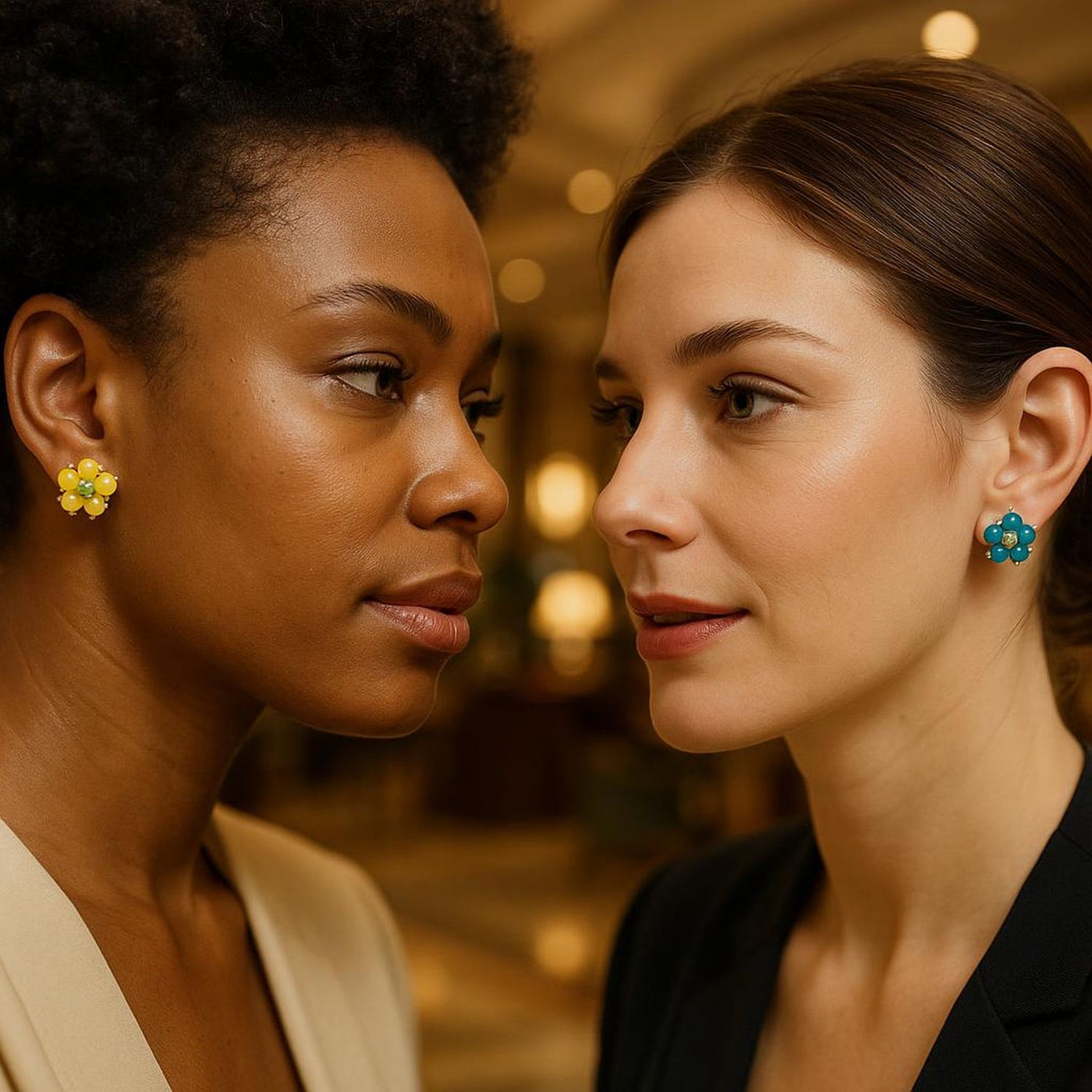 Set of 2 Flower Jade Yellow Stud & Aqua Clip-On Earrings CZ Gold Plated Silver