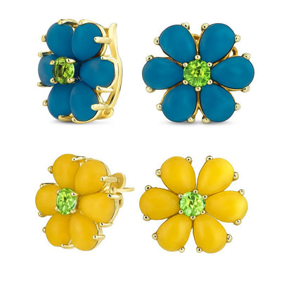 Set of 2 Flower Jade Yellow Stud & Aqua Clip-On Earrings CZ Gold Plated Silver