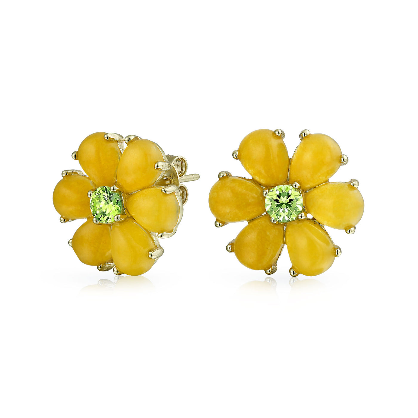 Set of 2 Flower Jade Yellow Stud & Aqua Clip-On Earrings CZ Gold Plated Silver