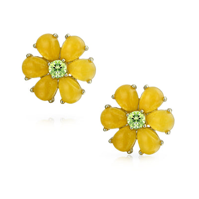 Set of 2 Flower Jade Yellow Stud & Aqua Clip-On Earrings CZ Gold Plated Silver