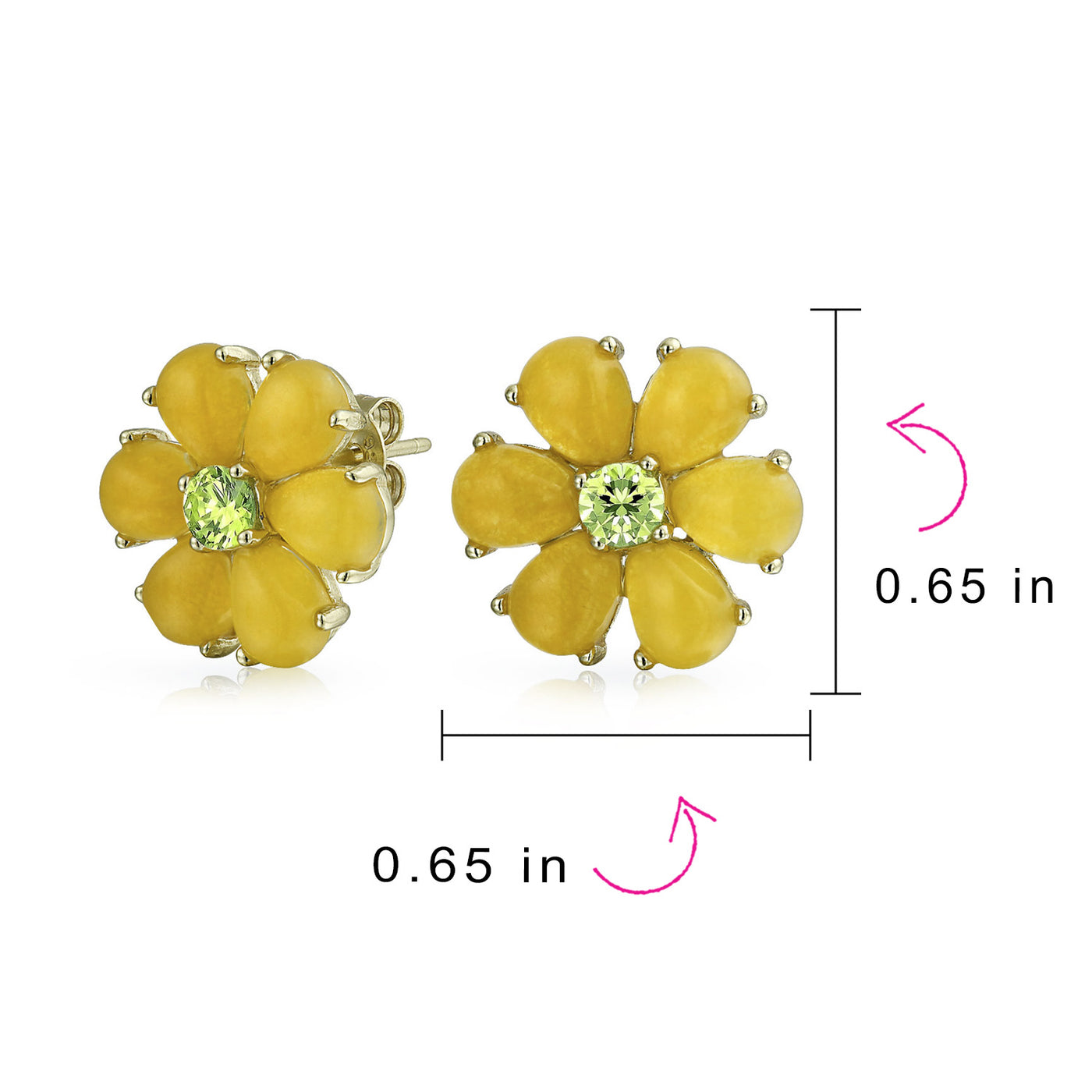 Set of 2 Flower Jade Yellow Stud & Aqua Clip-On Earrings CZ Gold Plated Silver