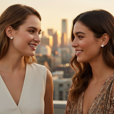 Set of 2 Heart CZ Solitaire Stud Earrings 1CT Sterling & 2CT Gold Plated Silver