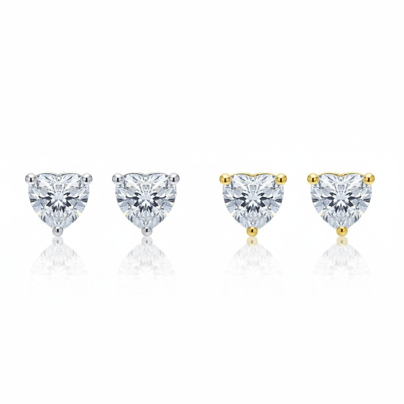 Set of 2 Heart CZ Solitaire Stud Earrings 1CT Sterling & 2CT Gold Plated Silver