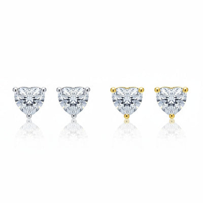 Set of 2 Heart CZ Solitaire Stud Earrings 1CT Sterling & 2CT Gold Plated Silver
