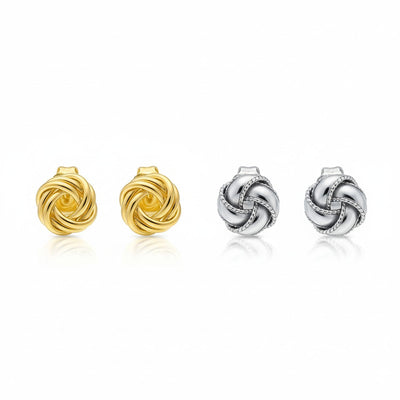 Set of 2 Love Knot Braided Edge & Twisted Rope Stud Earrings Gold Plated Silver