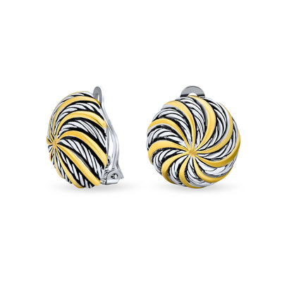Swirl 2 Tone Round Button Clip On Earrings Black Sliver Gold Plated