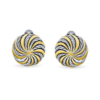 Swirl 2 Tone Round Button Clip On Earrings Black Sliver Gold Plated
