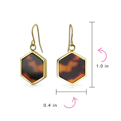 Hexagon Brown Tortoise Shell Dangle Earrings 14K Gold Plated Stainless Steel