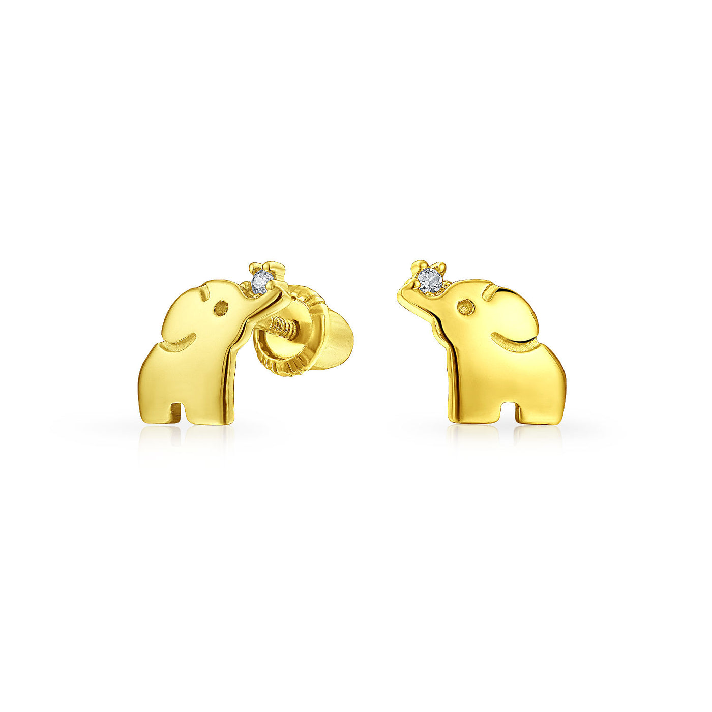 Set of 2 Tiny Lucky Elephant & Round CZ Stud Earrings 14K Yellow Gold Screw Back