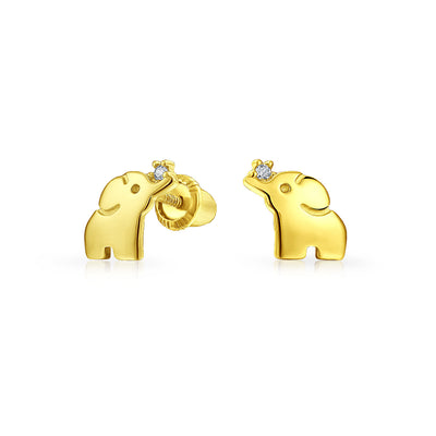 Set of 2 Tiny Lucky Elephant & Round CZ Stud Earrings 14K Yellow Gold Screw Back
