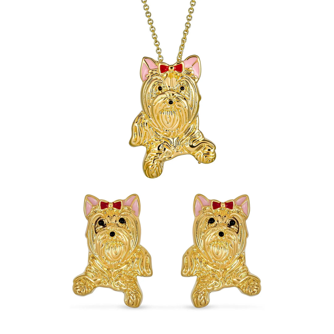 Animal Jewelry Set Pink Bow Dog Earrings Necklace Brooch