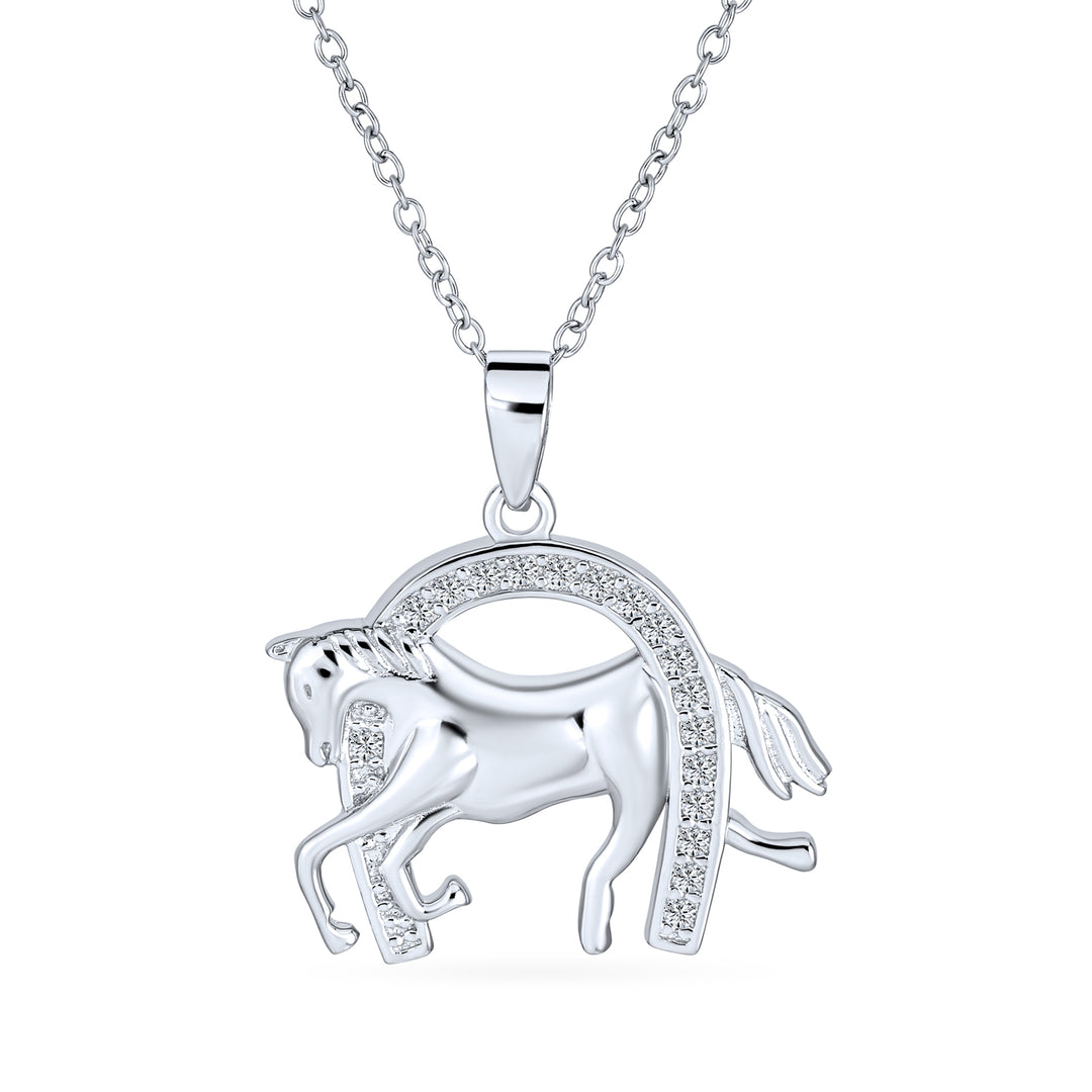 Pave CZ Horse Pendant Necklace with Horseshoe Western Jewelry