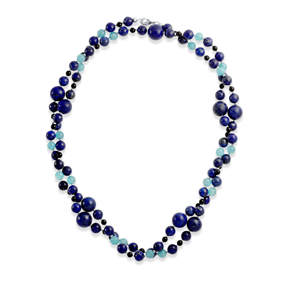 Blue Shades Aqua Quartz Lapis Black Onyx Ball Bead Strand Necklace
