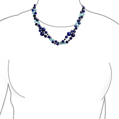 Blue Shades Aqua Quartz Lapis Black Onyx Ball Bead Strand Necklace