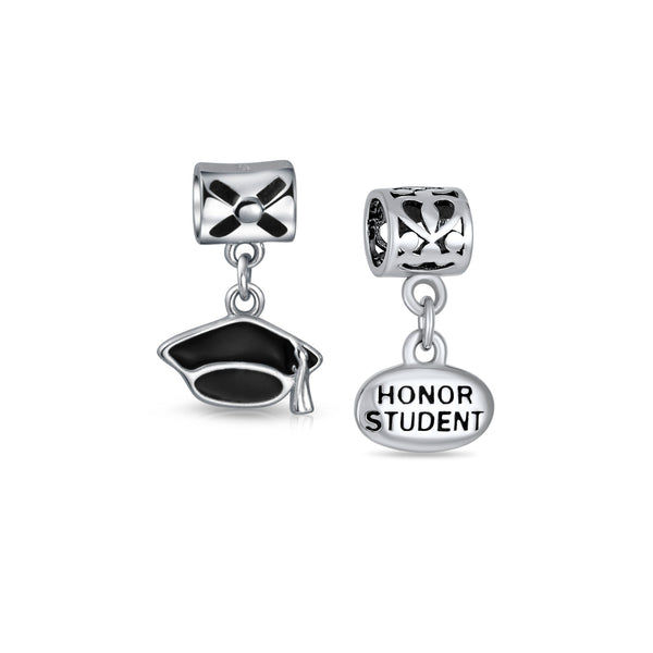 Set of 2 Graduation Cap & Words Honor Student Dangle Charm Bead Sterli ...
