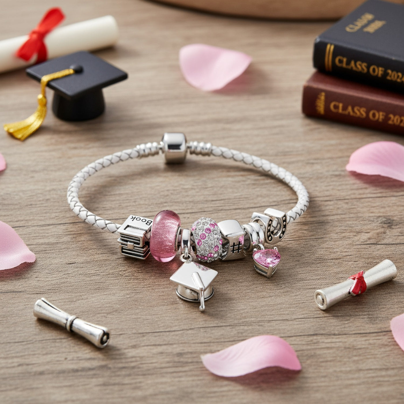 Graduation Cap Good Luck White Leather Charms Bracelet Sterling Silver