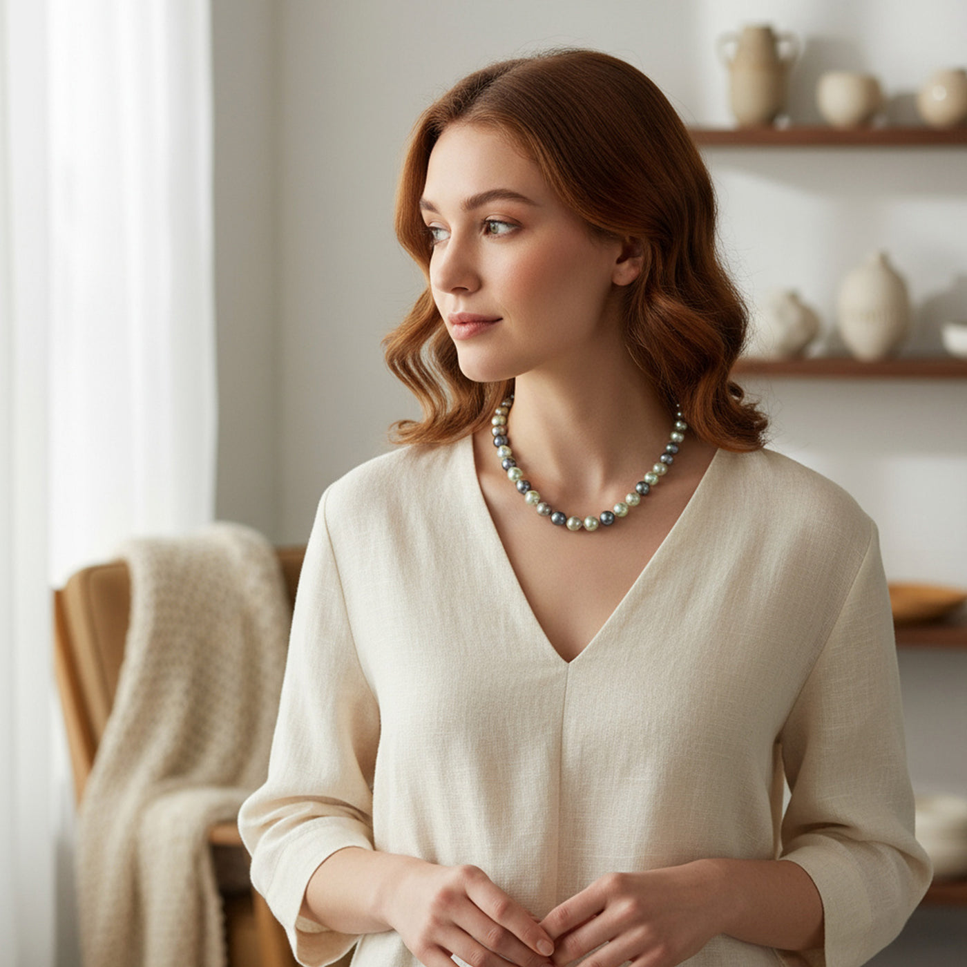 Hand Knotted Multi-Color Blue Grey Shell Imitation Pearl Strand Necklace 14MM