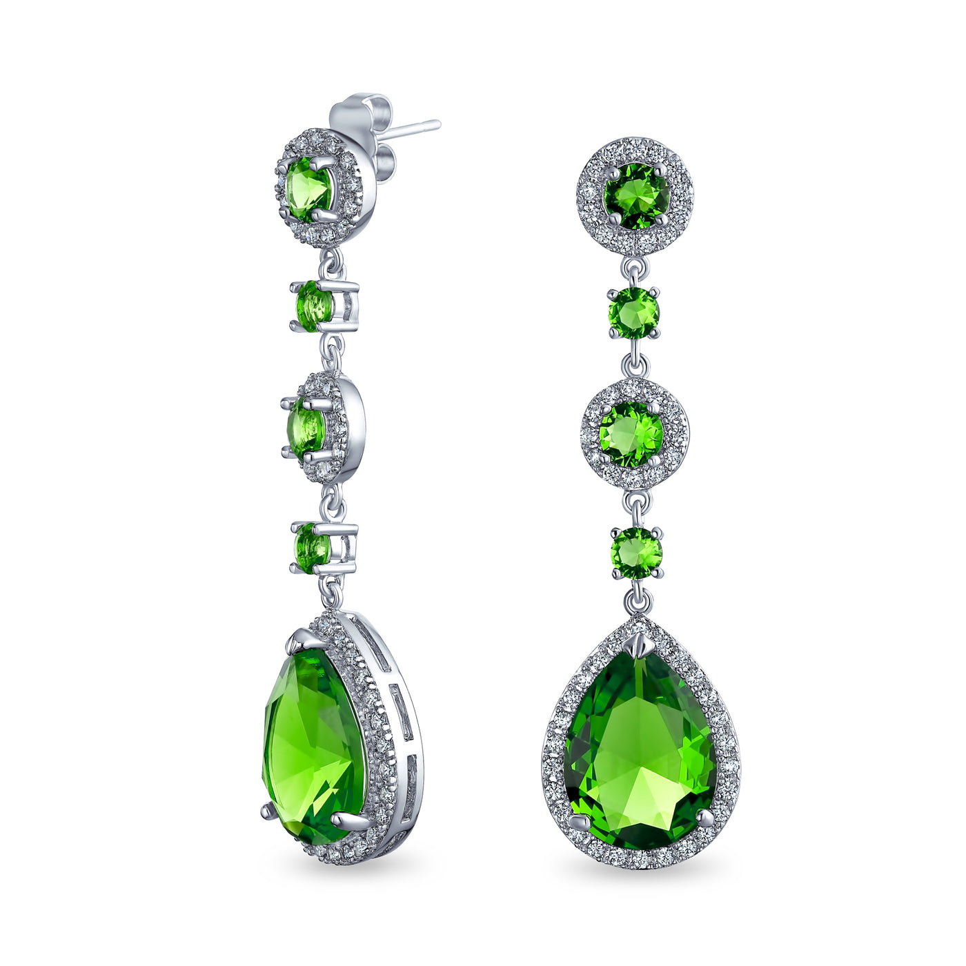 Set of 2 Clear & Green CZ Teardrop Dangle Chandelier Earrings Sterling Silver
