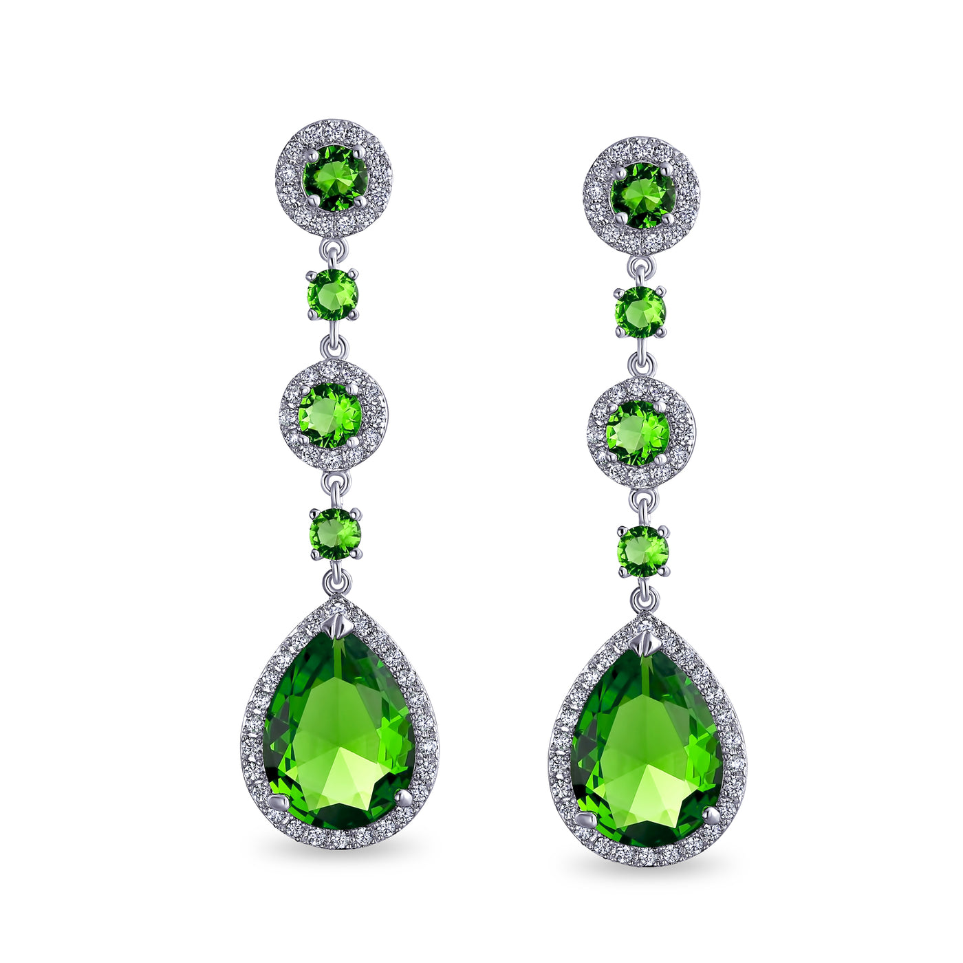 Set of 2 Clear & Green CZ Teardrop Dangle Chandelier Earrings Sterling Silver
