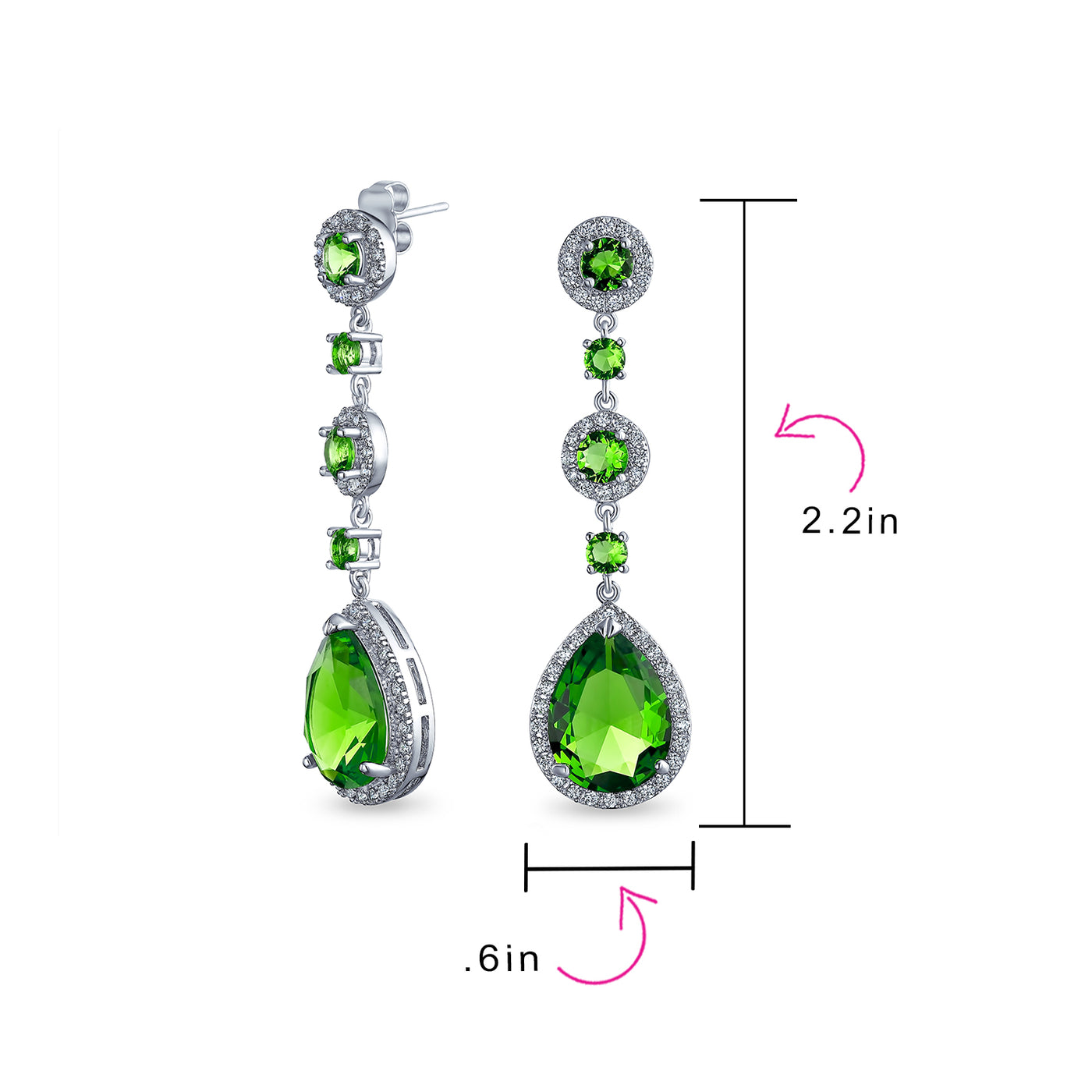 Set of 2 Clear & Green CZ Teardrop Dangle Chandelier Earrings Sterling Silver