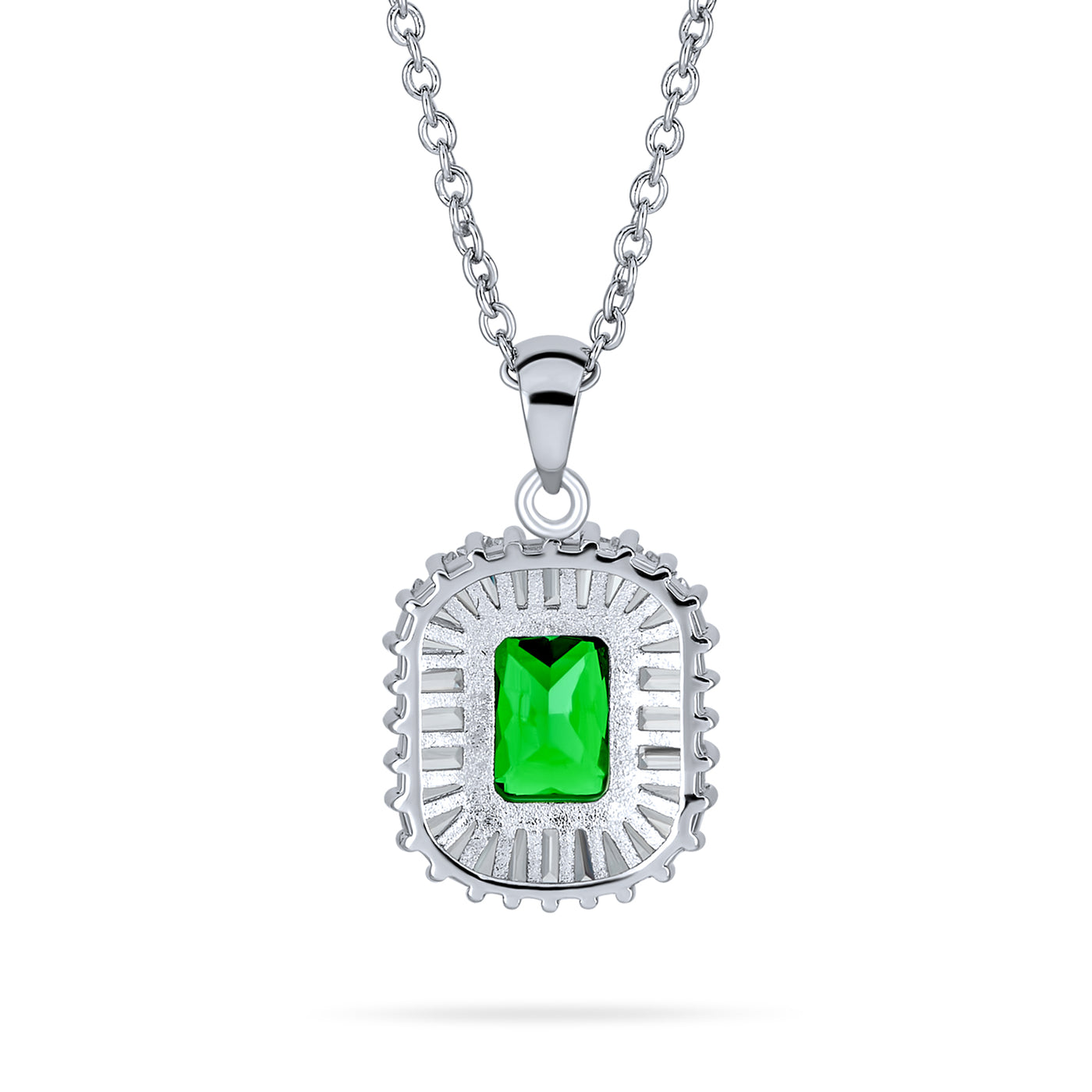 Green CZ Imitation Emerald Cut Pendant Baguette Halo Silver Plated