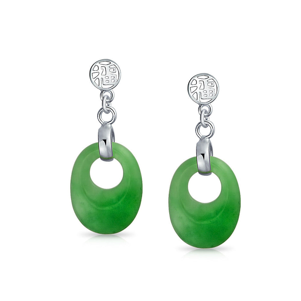 Green Jade Chinese Good tune Circle Dangle Earrings Sterling Silver