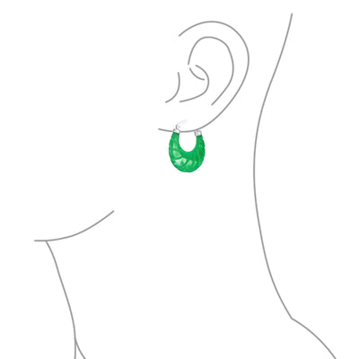 Jade Gemstone Carved Shrimp Oval Green Jade Hoop Earrings .925 Silver