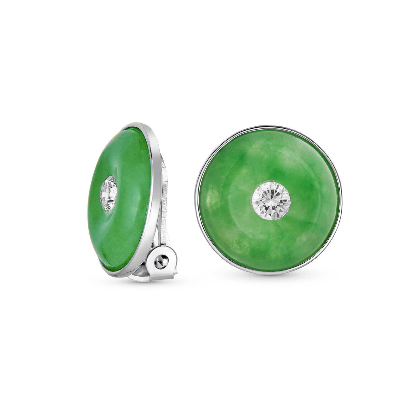 Round Disc Green Jade Clip-On Earrings with CZ Accent in Sterling Silver - Bling Jewelry